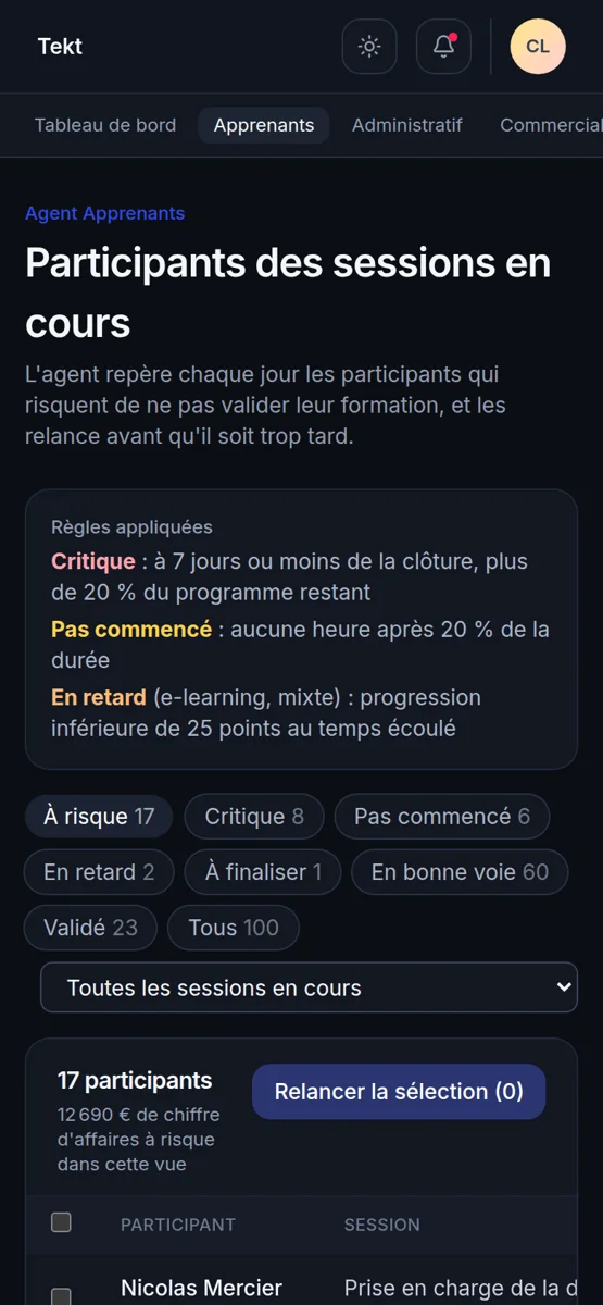 Vue mobile : participants à risque et règles appliquées.